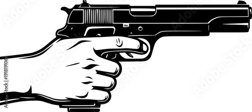 Hand holding pistol vector black silhouette print design.