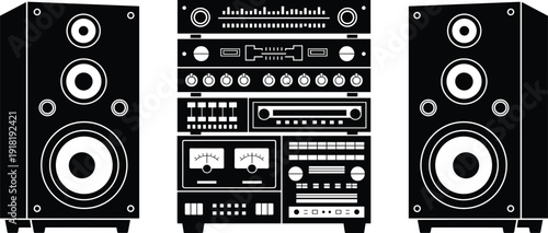 Black and white illustration of audio stereo system with speakers sound
