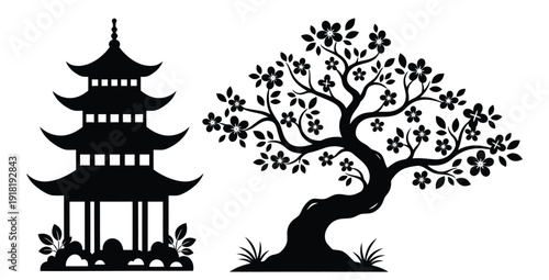 A serene black silhouette of a pagoda and a tree with flowers
