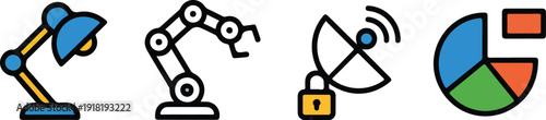 Technology Innovation Flat Icon Set  Lamp, Robotic Arm, Secure Satellite, and Analytics