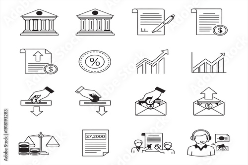 Financial Icons: Bank, Investment, Savings, Growth Charts, and Money Transfer