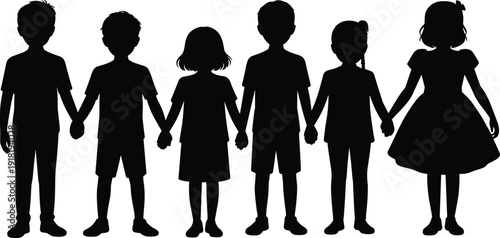 Silhouette of six children holding hands in a line on a white background Keywords: children, kids, silhouette, group, holding