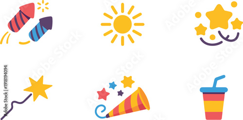 Festive Celebration Outline Icon Set  Fireworks, Sparkler, and Confetti