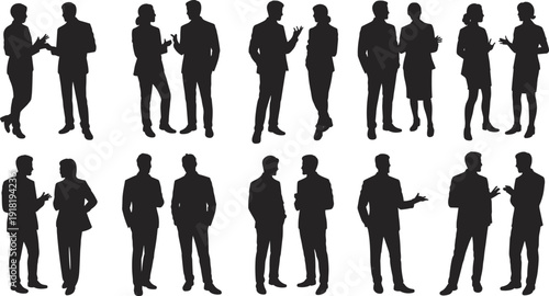 Silhouettes of business people in conversation and standing poses Keywords: business, people, silhouette, conversation, standing