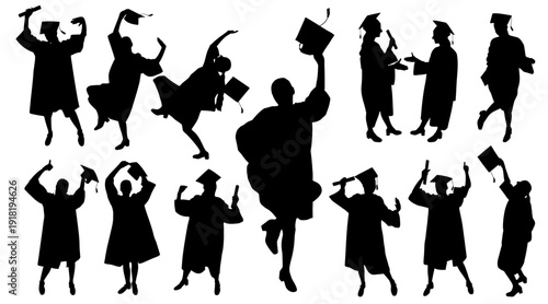 Set of silhouettes of graduate student with graduation cap  in different poses, celebrating education success. Vector illustration.
