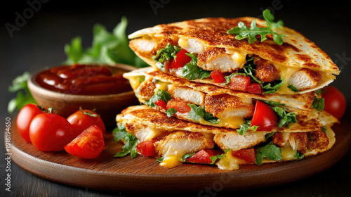 A chicken quesadilla cut in...