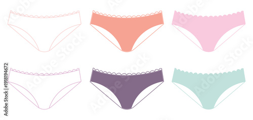 Minimal Flat Vector Illustration of Colorful Women’s Briefs Collection. Set of Women’s Panties in Flat and Hand-Drawn Style.