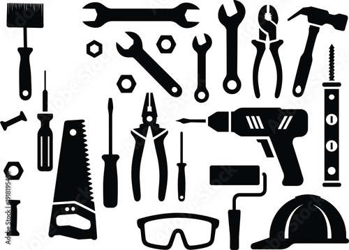 Construction and repair tools silhouette set, industrial equipment collection with hammer drill wrench screwdriver and safety helmet vector illustration