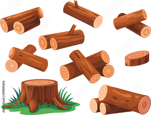 Cut wooden logs collection, timber trunk pieces and tree stump illustration set, firewood lumber forest nature vector clipart isolated