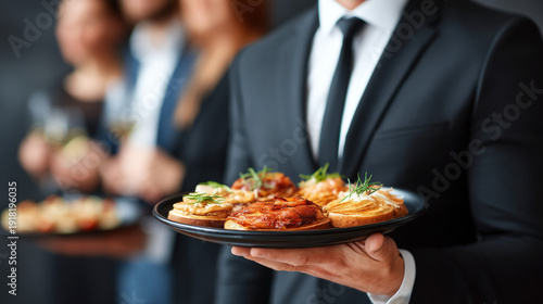 Business man holding a serving tray at an event