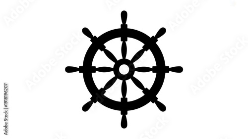 Black Silhouette of a Nautical Ship's Wheel with Eight Spokes on a White Background ship wheel