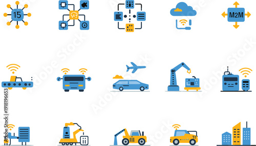 Icons representing smart technology, Io T, automation, and transportation Keywords: smart technology, Io T, internet of things
