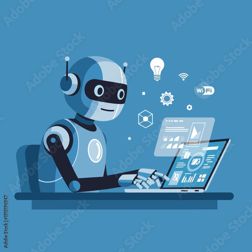 Wallpaper Mural Robot working on laptop, artificial intelligence and technology concept Torontodigital.ca