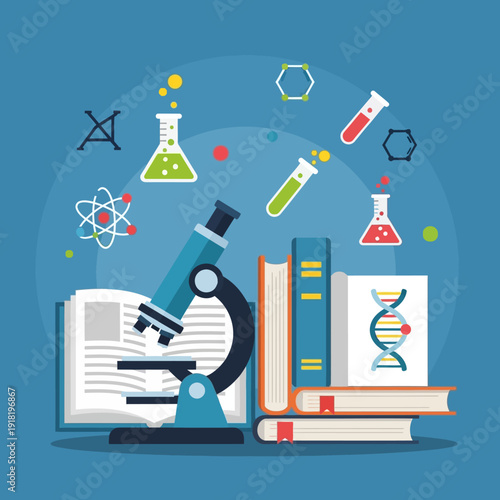 Science and Education Concept: Microscope, Books, DNA, Molecules, Lab Equipment on Blue Background