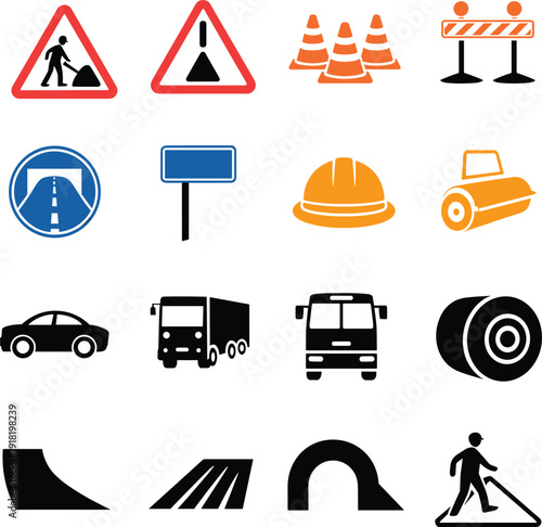 Collection of Road Construction and Traffic Sign Icons warning