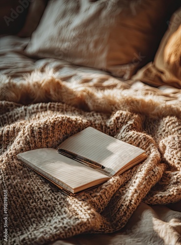 Cozy bed scene open notebook, pen on soft blanket, warm natural light
