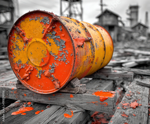 Rusty barrel in an abandone...