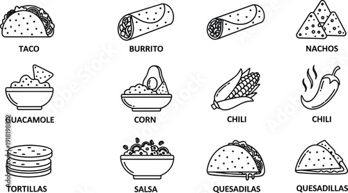 Vector illustration set of 12 Mexican food icons including taco burrito nachos guacamole and chili for restaurant menu।