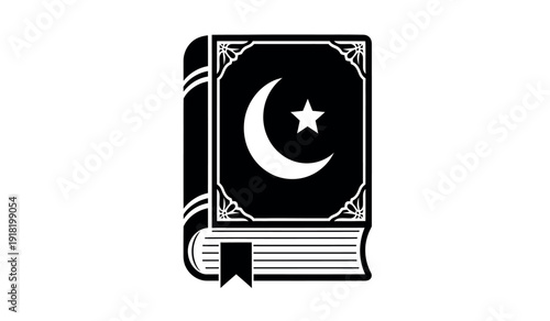 Black and white illustration of a crescent moon and star on a book cover