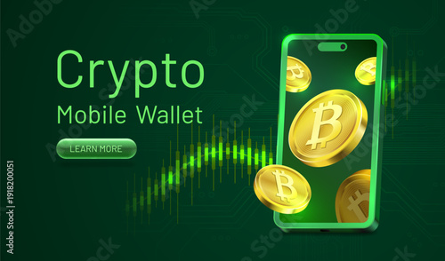 Crypto Mobile Wallet on a smartphone with bitcoins and a digital background.