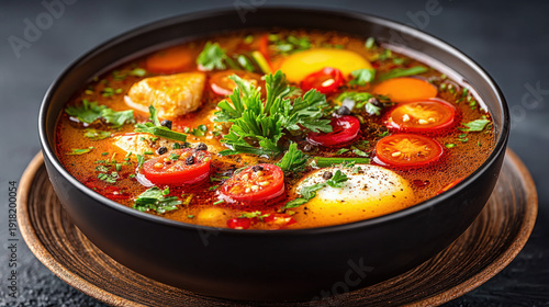 Tom yum chicken soup in a bowl