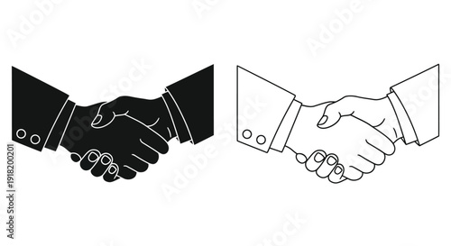 Two contrasting handshakes a solid black version and a line art depiction