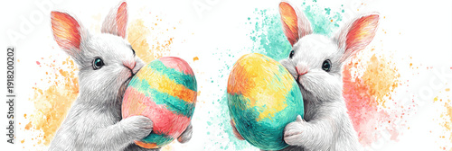 White rabbit holding colorful Easter egg, watercolor splash background. White rabbit holding a brightly striped Easter egg against a vibrant watercolor splash background