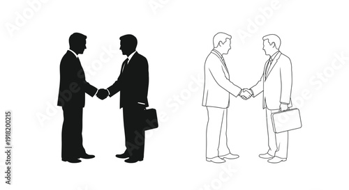Two sets of silhouettes depicting a business handshake agreement