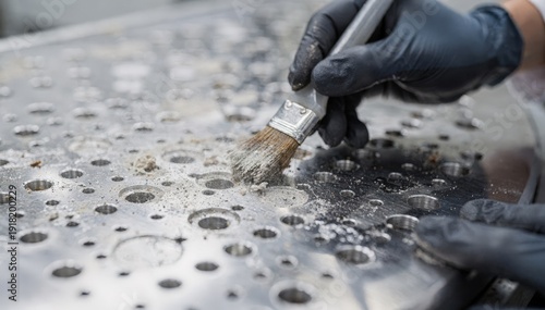 Operator manually brushing spinneret plate holes focusing on detailed inspection and removal of contaminants to maintain flawless spinning quality.