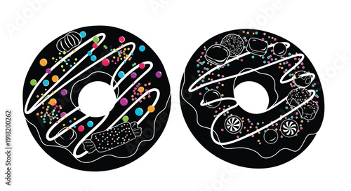 Two stylized donut illustrations with colorful sprinkles and contrasting designs