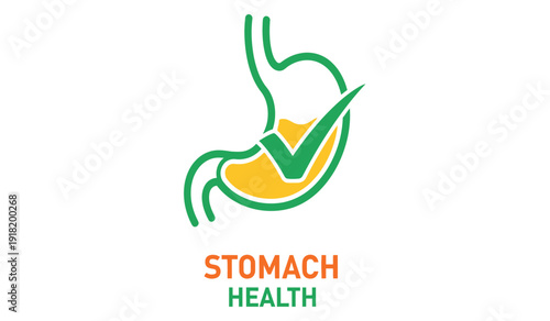 Stomach health logo with green checkmark and orange stomach for medical and wellness concepts