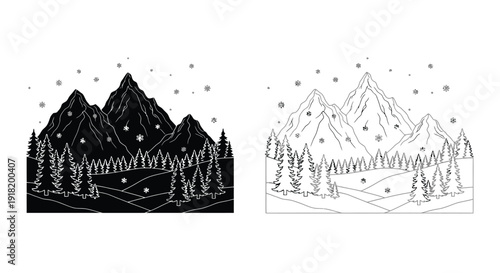 Stylized mountain landscapes with pine trees and falling snow black and white