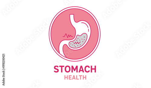 A pink circle logo featuring a stylized illustration of a human stomach with the words stomach health in pink text underneath