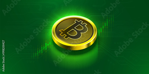 Bitcoin Coin on Green Circuit Background.