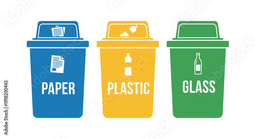 Colorful recycling bins for paper plastic and glass waste separation