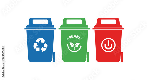 Three recycling bins blue green and red representing different waste streams