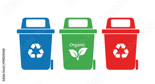 Three recycling bins blue green and red for different waste types