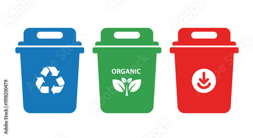 Three recycling bins blue green and red representing waste streams