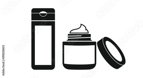 Black and white illustration of skincare products lotion and cream
