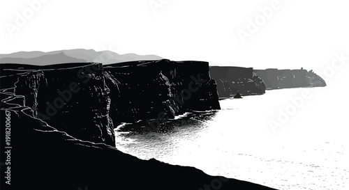 Dramatic cliffs overlook the ocean in a stark black and white landscape