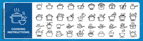 Cooking Instruction and Recipe Steps Outline Vector Icons Set — Food Preparation, Kitchen Process and Cooking Guide Line Icons for Web and App UI