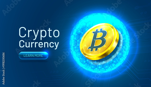 Golden Bitcoin coin with Crypto Currency text and Learn More button. Digital currency concept on a blue tech background.