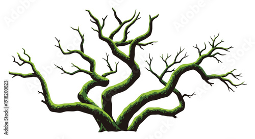 A digitally illustrated vibrant green branching coral or plant structure