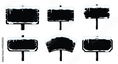 Six black wooden signs covered in snow and icicles isolated on white
