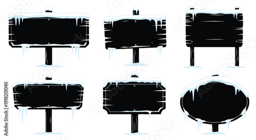 Collection of black wooden signs with snowy icy borders and stands