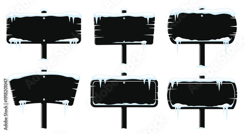 Six black wooden signs covered in snow and icicles isolated on white