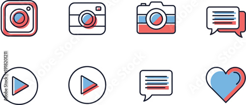 Collection of social media icons including camera, play button, and heart symbols on a clean background viewed from a straightforward perspective