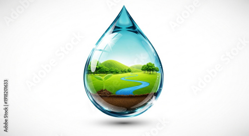 Water droplet with serene landscape and green field inside symbolizing nature and conservation