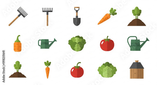 Gardening icons set with tools vegetables and plants on white background including rake shovel carrot broccoli tomato and watering can for agriculture and cultivation concepts