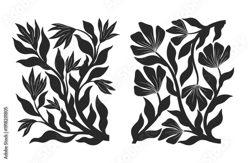 Black and white flowers in linocut style.Scandinavian folk botanical vector illustration set.Bold monochrome floral silhouettes or branding, packaging, posters and patterns.